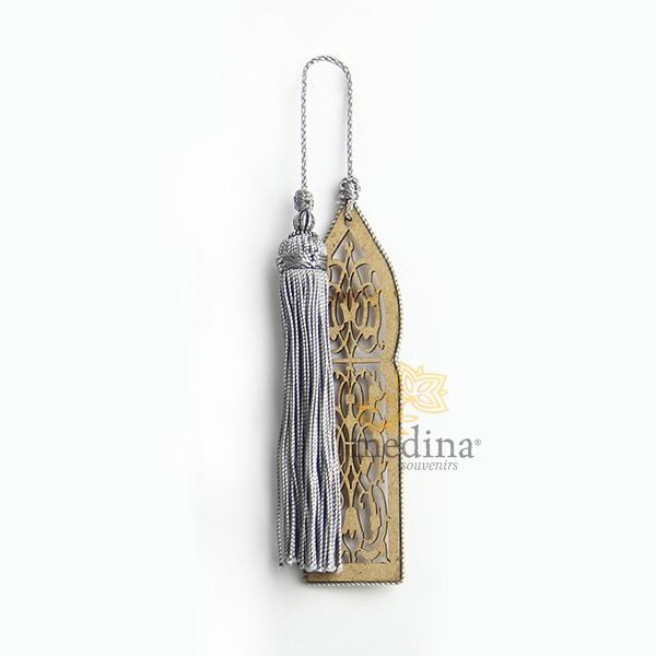Marque page fait main porte orientale et pompon de soie gris