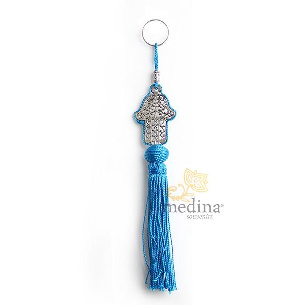 Porte cles main de fatima en métal argenté et pompon en soie Turquoise