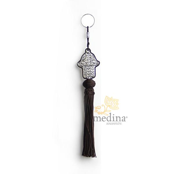 Porte cles main de fatima en métal argenté et pompon en soie Noir