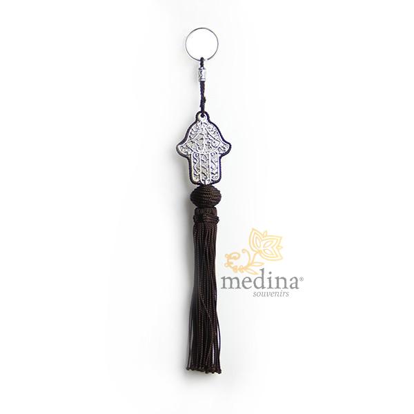 Porte cles main de fatima en métal argenté et pompon en soie Marron