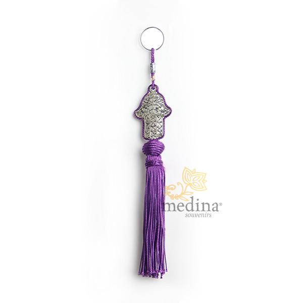 Porte cles main de fatima en métal argenté et pompon en soie Violet