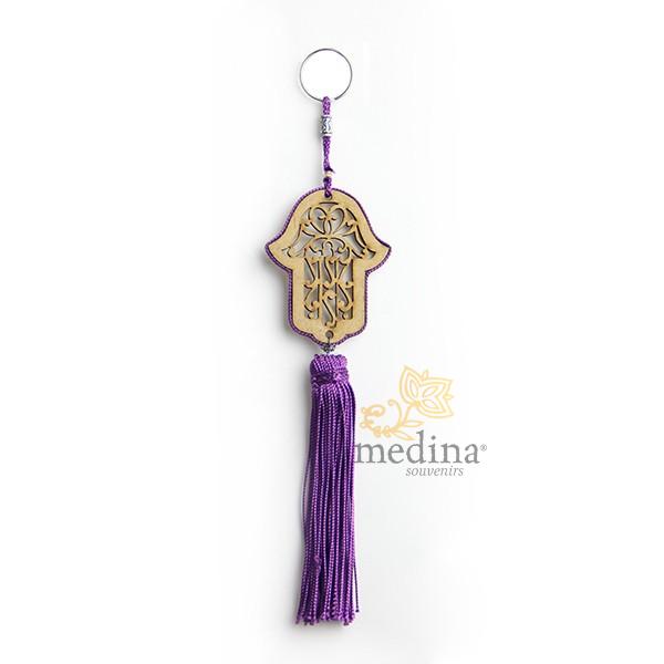 Porte cles main de fatima en bois et pompon en soie Violet