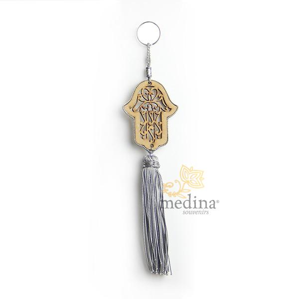 Porte cles main de fatima en bois et pompon en soie Gris