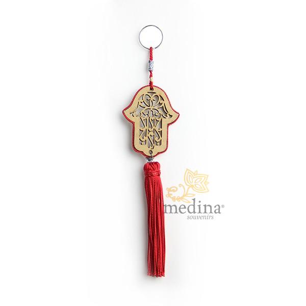 Porte cles main de fatima en bois et pompon en soie Rouge