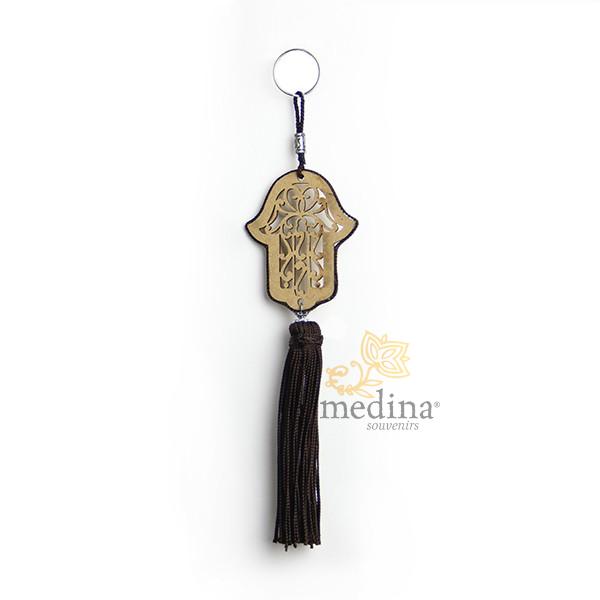 Porte cles main de fatima en bois et pompon en soie Noir