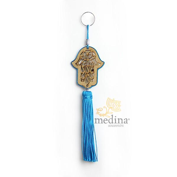 Porte cles main de fatima en bois et pompon en soie Turquoise