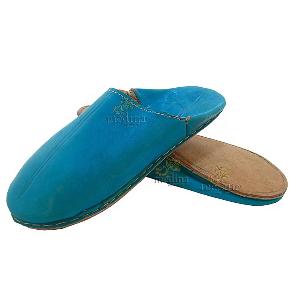Babouche Homme et Femme traditionnel bleu babouche de Marrakech à bout rond chaussons cousus main mocassins mixtes