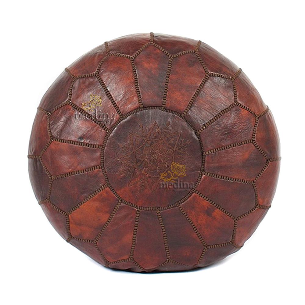 Pouf design cuir marocain couleur chocolat, pouf en cuir véritable fait main