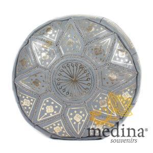 Pouf fassi en cuir Cuir gris, pouffe marocain en cuir veritable fait main