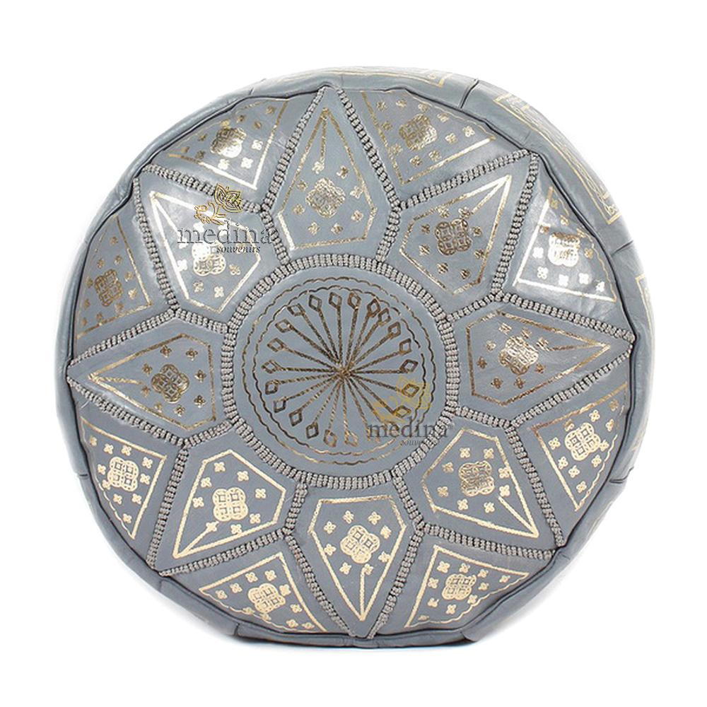 Pouf fassi en cuir Cuir gris, pouffe marocain en cuir veritable fait main
