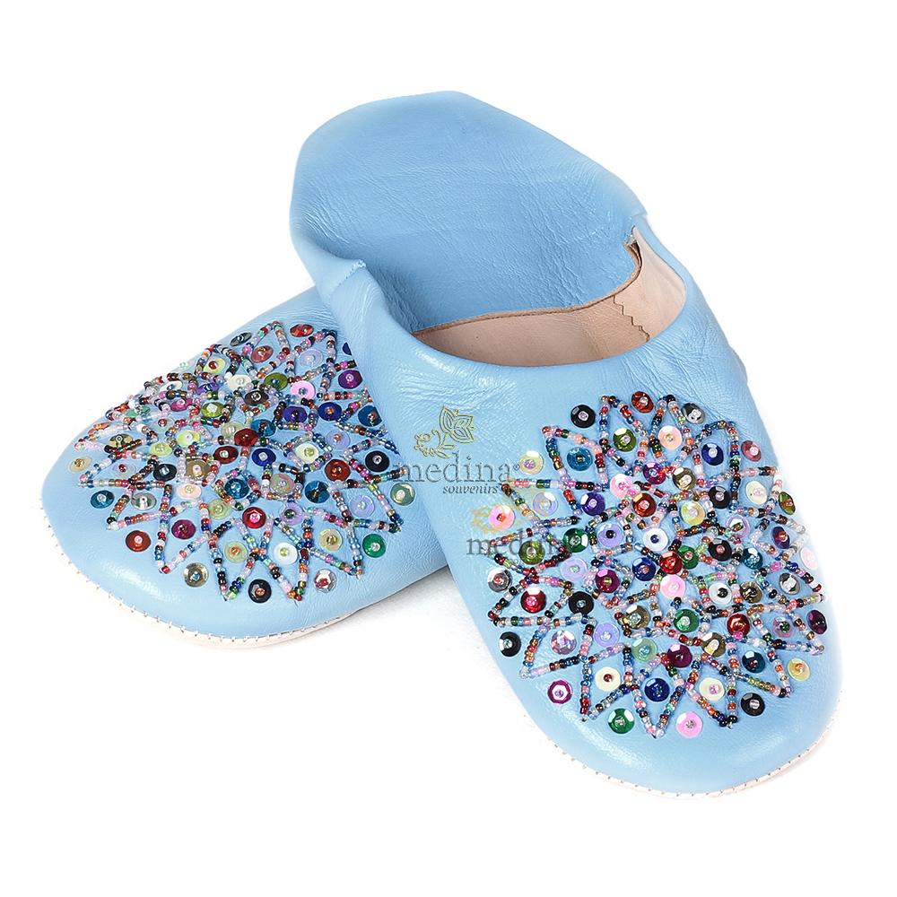 Babouche Essaouira bleu ciel babouche marocaine en cuir veritable chaussons cousus main mocassins femme pantoufles confortables