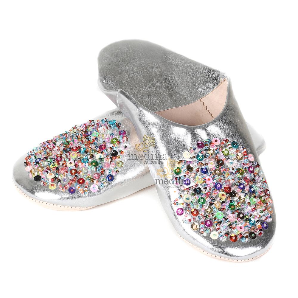 Babouche Essaouira couleur argent babouche marocaine fait main chaussons cousus main mocassins femme pantoufles confortables
