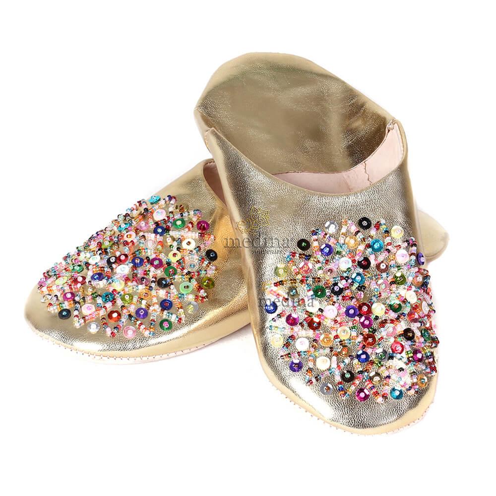 Babouche Essaouira couleur Or babouche marocaine fait main chaussons cousus main mocassins femme pantoufles confortables