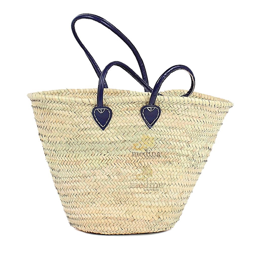 Panier marocain avec grandes poignées en cuir bleu
