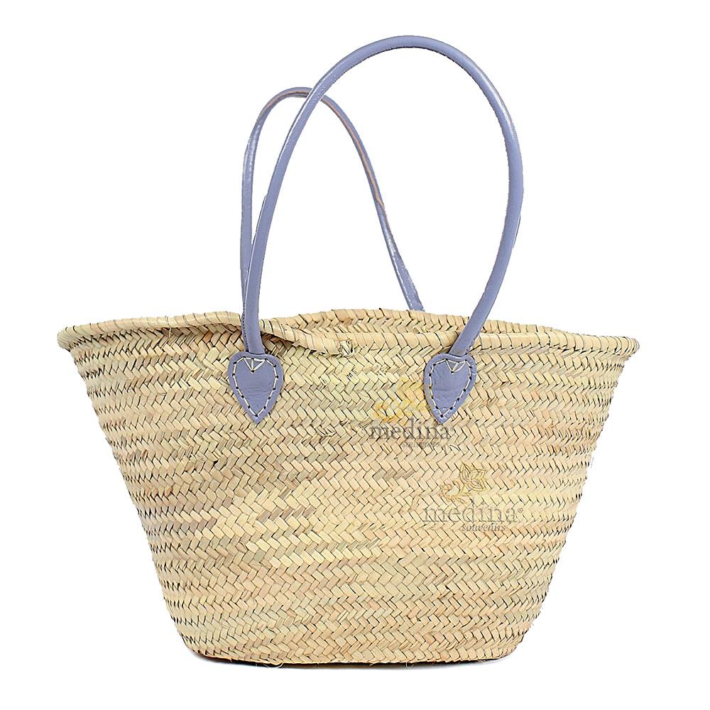 Panier marocain avec grandes poignées en cuir bleu ciel