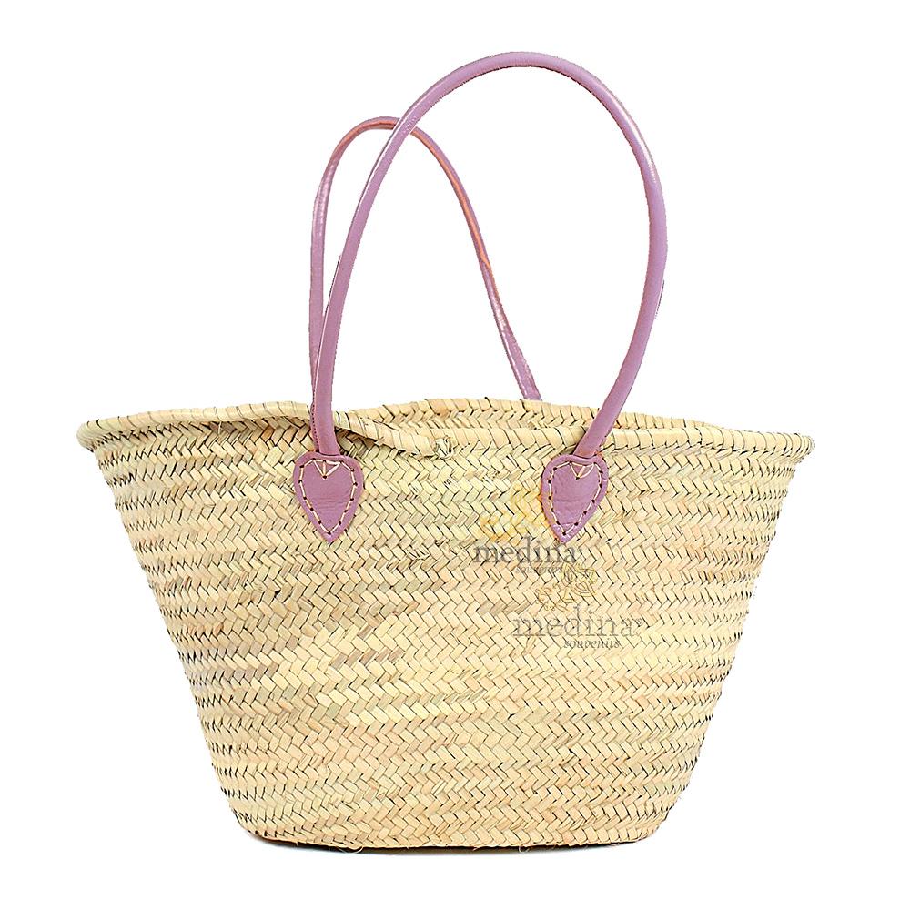 Panier marocain avec grandes poignées en cuir rose