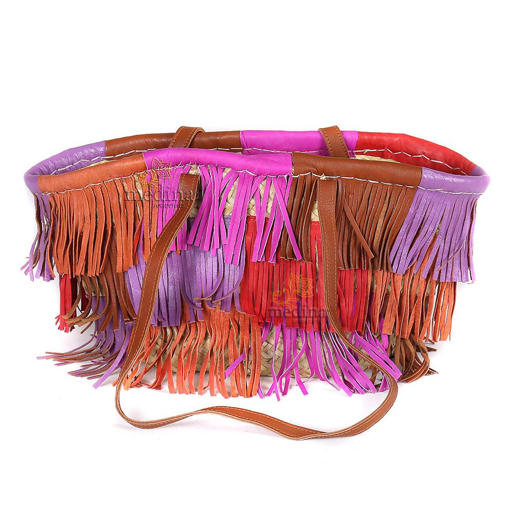 Panier marocain avec grandes poignées plates en cuir naturel et franges