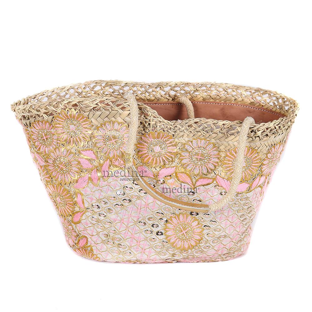 Panier marocain avec grandes poignées corde et cuir entièrement brodé