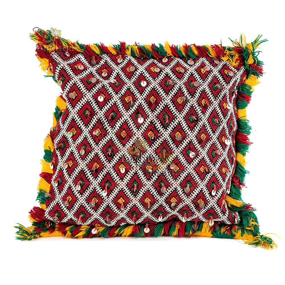 Coussin Kilim agrémenté de passementerie argentée, coussin berbere tissé à la main
