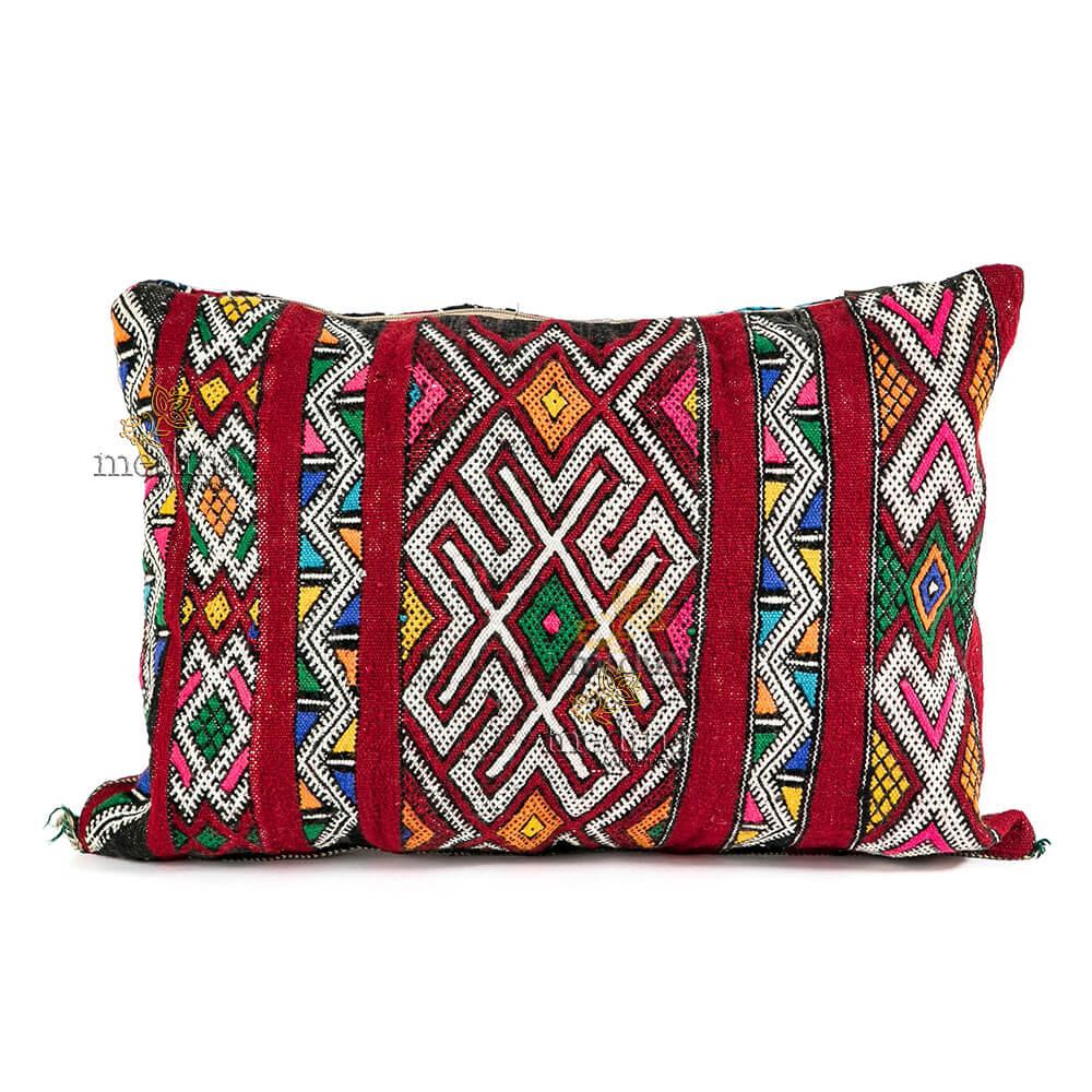 Coussin vintage berbère 100% laine vierge tissé main rouge avec motifs blanc