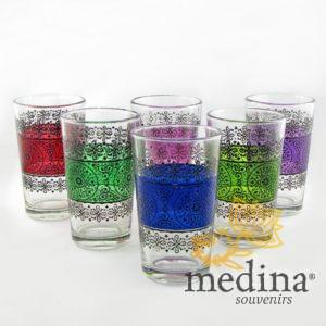 Verres a thé sablés et son etuis de maillechort demi-lune