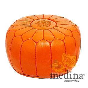 Pouf design cuir marocain orange, pouf en cuir véritable fait main