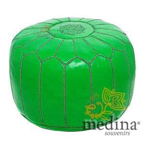 Pouf design cuir marocain vert fluo, pouf en cuir véritable fait main