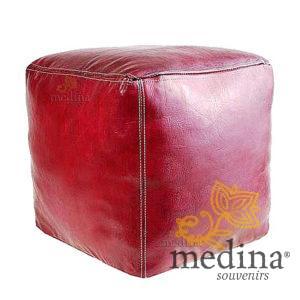 Pouf marocain cube bordeau, pouf carré artisanal en cuir veritable