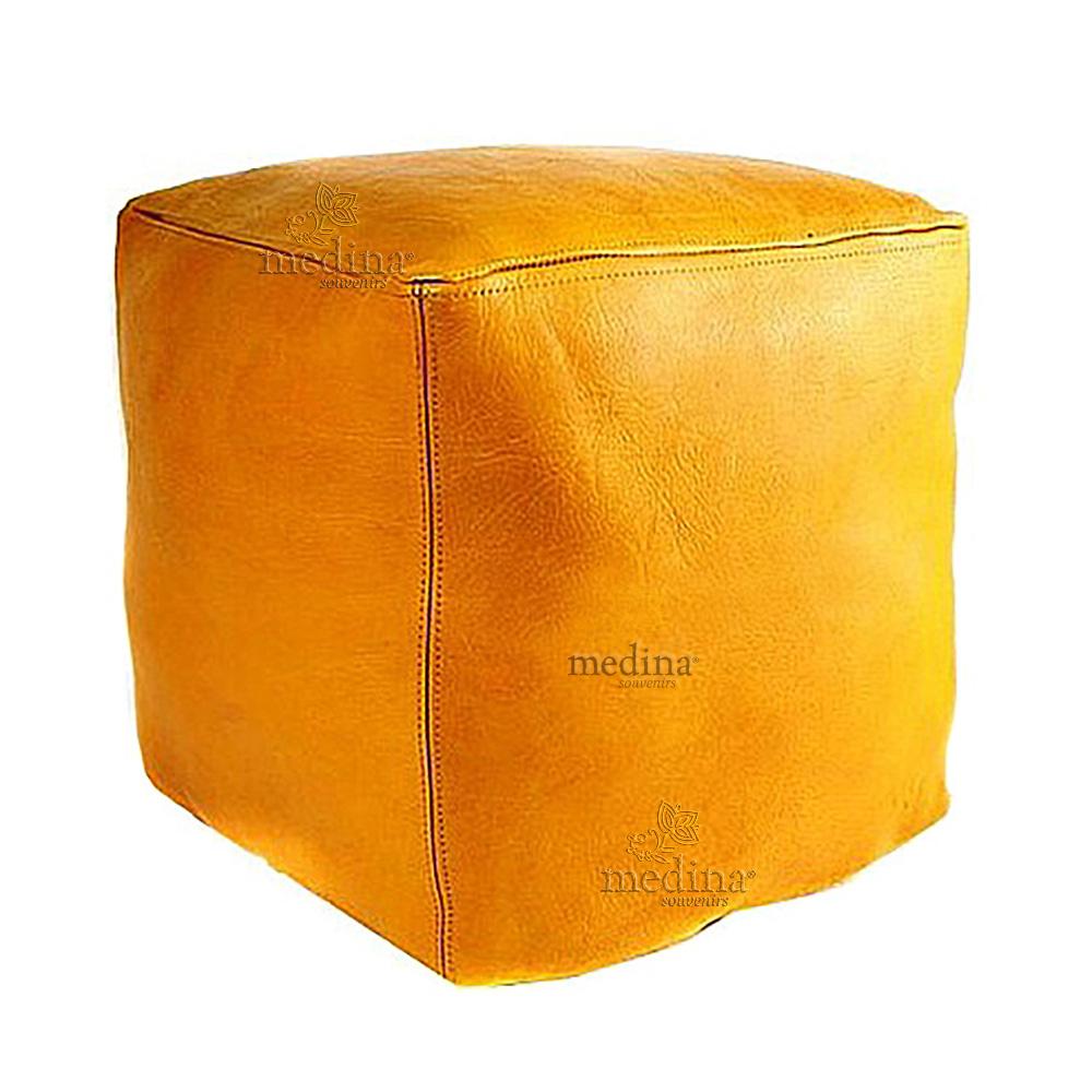 Pouf marocain cube jaune, pouf carré artisanal en cuir veritable