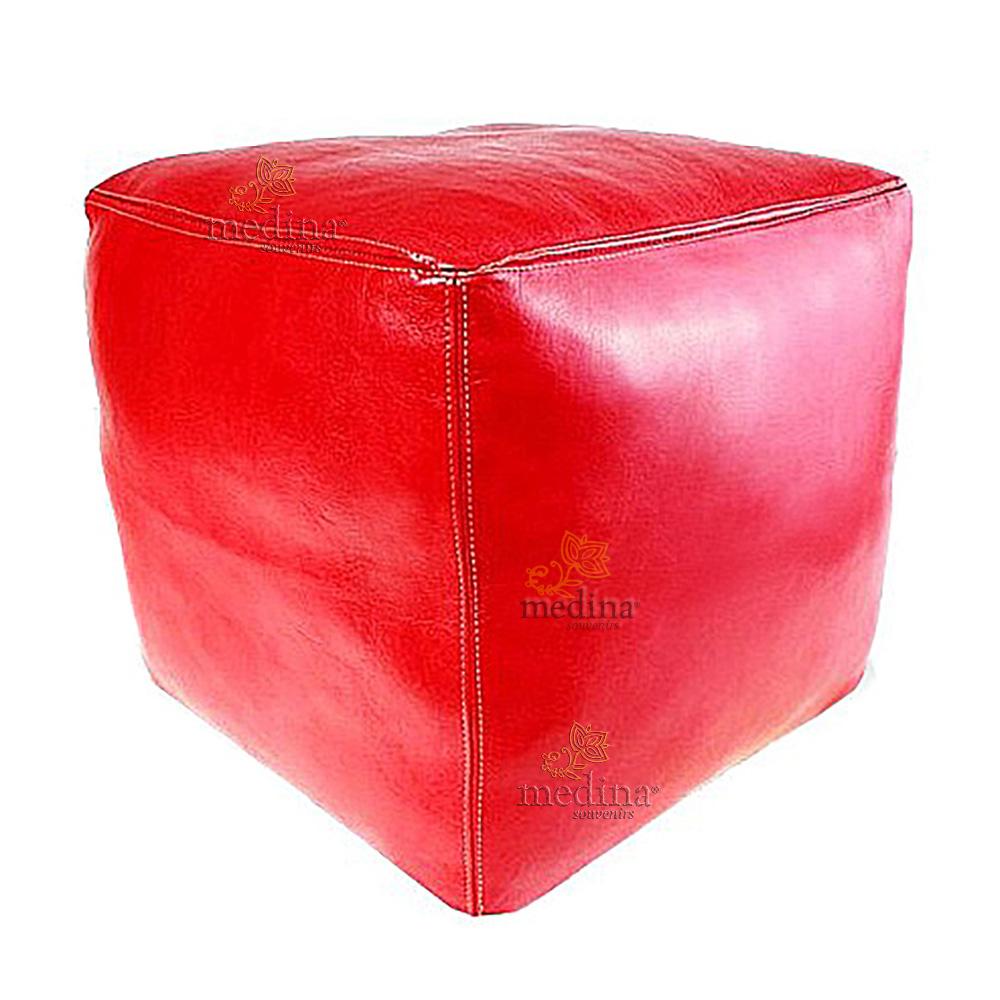 Pouf marocain cube rouge, pouf carré artisanal en cuir veritable