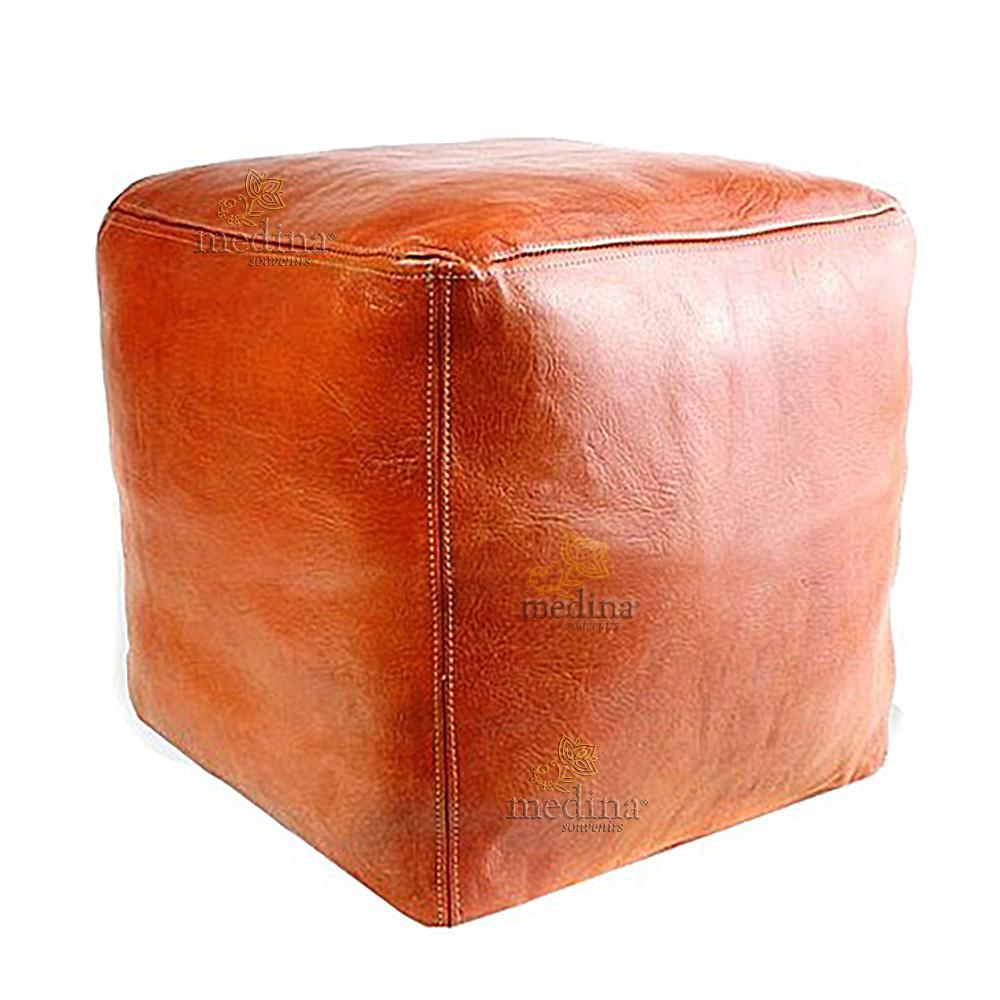 Pouf marocain cube tabac, pouf carré artisanal en cuir veritable
