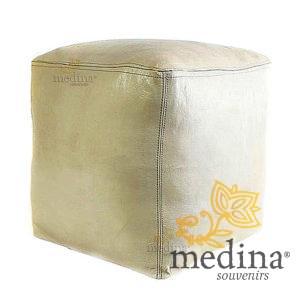 Pouf marocain cube blanc, pouf carré artisanal en cuir veritable
