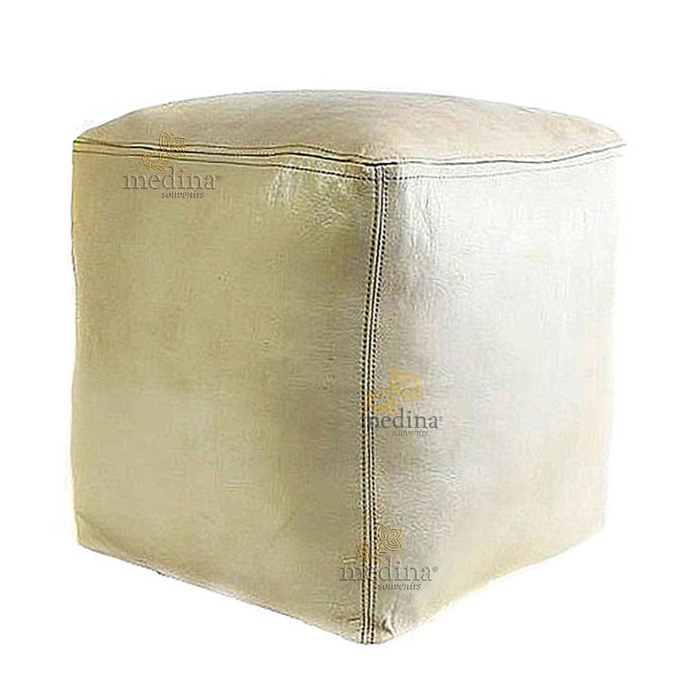 Pouf marocain cube blanc, pouf carré artisanal en cuir veritable