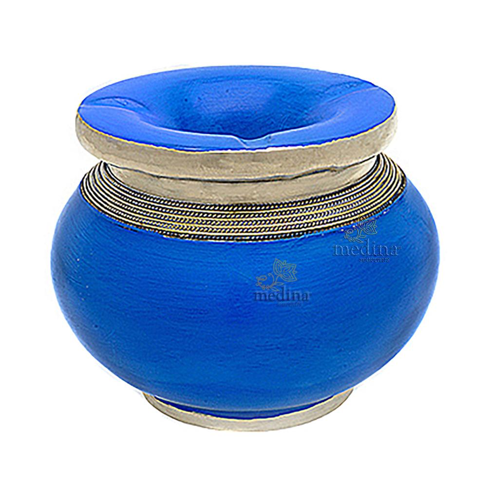 Cendrier marocain tadelakt design bleu, cendrier fait main incrusté et cerclé de métal poli inoxydable et metal brossé torsadé …
