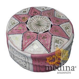 Pouf fassi en cuir rose et blanc, pouffe marocain en cuir veritable fait main