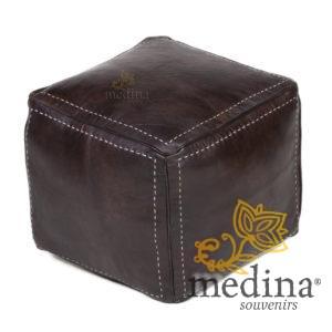 Pouf carré marron chocolat en cuir surpiqué, pouf haute qualité entièrement fait main