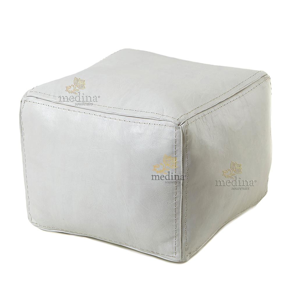 Pouf carré blanc en cuir surpiqué, pouf haute qualité entièrement fait main