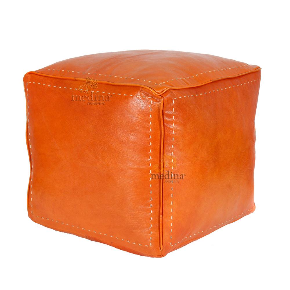 Pouf carré couleur orange en cuir surpiqué, pouf haute qualité entièrement fait main