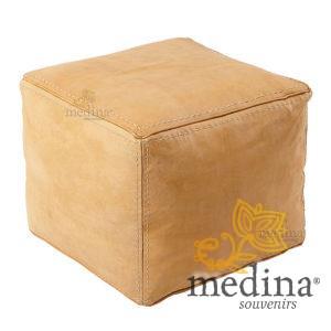Pouf carré en cuir surpiqué couleur naturelle, pouf haute qualité entièrement fait main