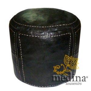 Pouf beldi rond en cuir noir surpiqué