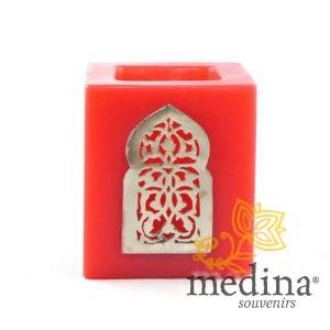 Photophore rouge cube motif porte arcade métal