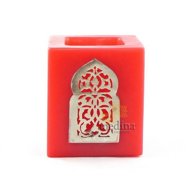 Photophore rouge cube motif porte arcade métal