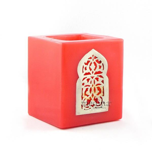 Photophore rouge cube motif porte arcade métal