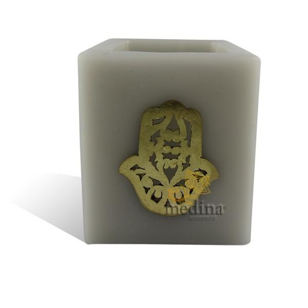 Photophore cube gris main fatima en dorée