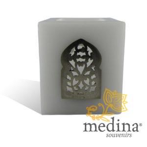 Photophore blanc cube motif porte arcade métal