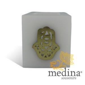 Photophore cube blanc main fatima en dorée