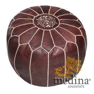 Pouf design cuir marocain marron foncé et coutures beige, pouf en cuir véritable fait main