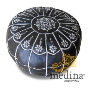 Pouf marocain design arcade en cuir noir et blanc, pouf en cuir véritable fait main