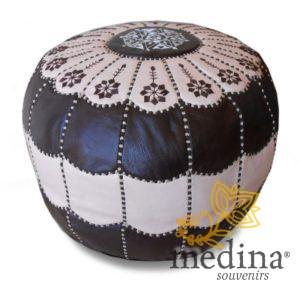 Pouf marocain design arcade en cuir marron et creme, pouf en cuir véritable fait main