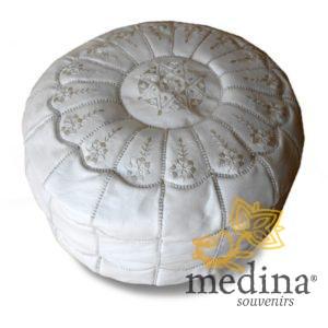 Pouf marocain design arcade en cuir blanc, pouf en cuir véritable fait main